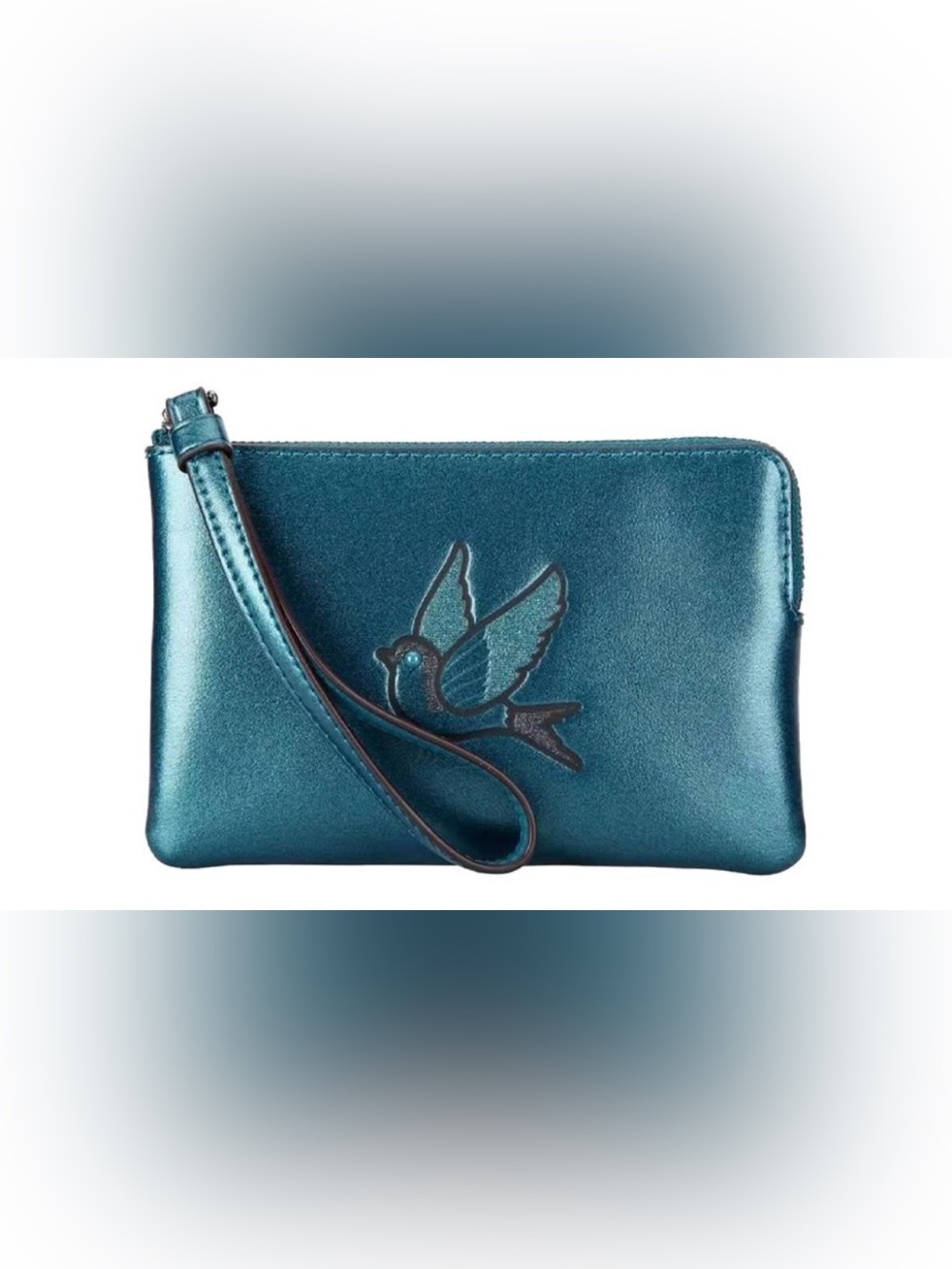 COACH Metallic Dark Teal Glitter Leather Sparrow Wristlet